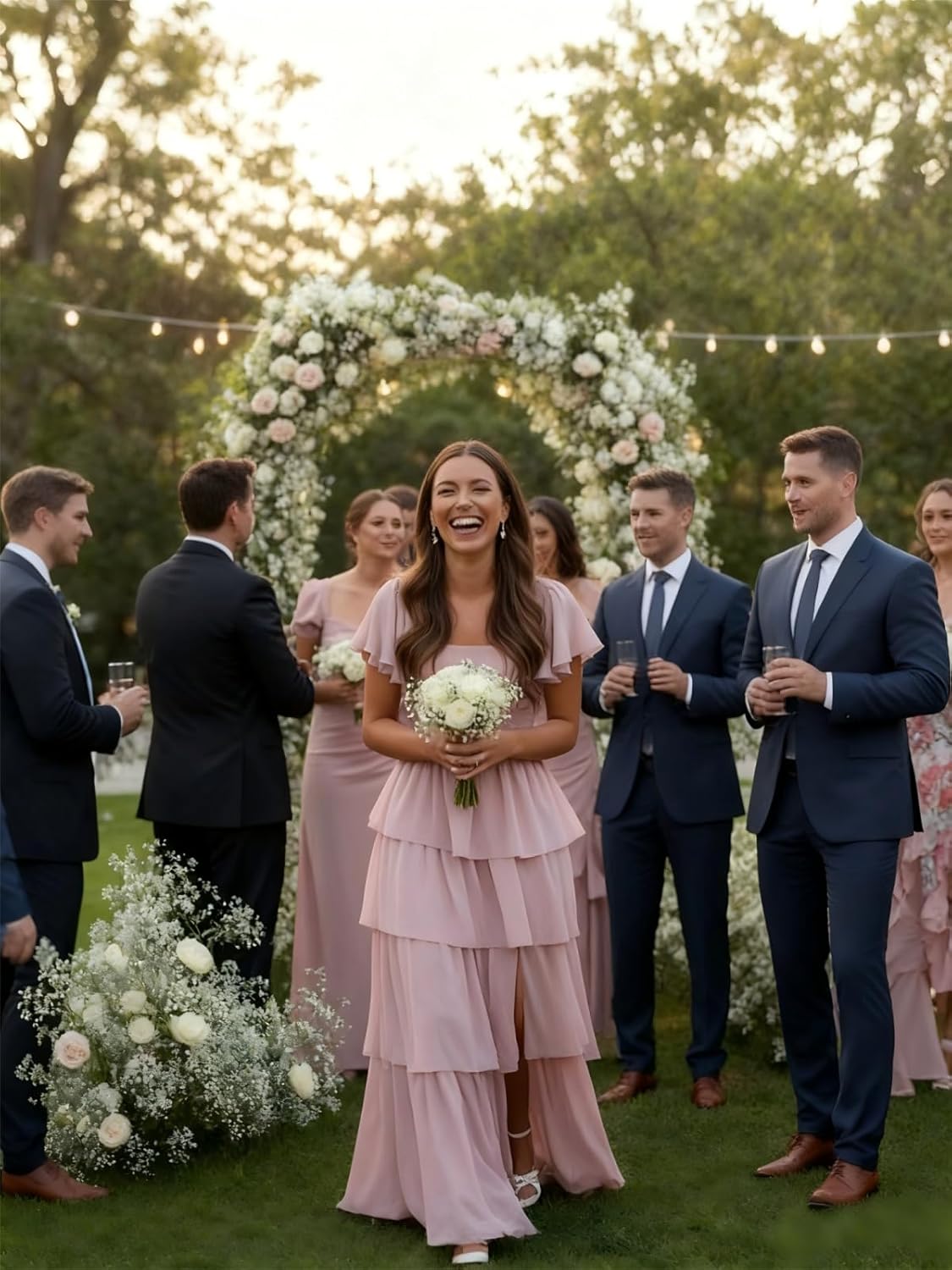 Tiered Chiffon Bridesmaid Dresses with Slit Short Sleeve Long Formal Party Dress WM001