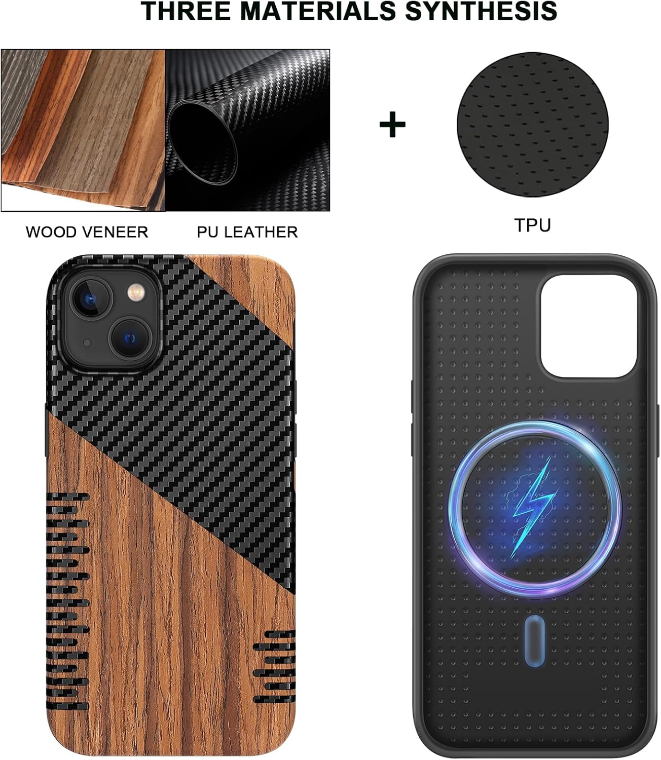 TENDLIN Magnetic Case Compatible with iPhone 14 Plus Case Wood Grain with Carbon Fiber Texture Design Leather Hybrid Slim Cover (Compatible with MagSafe) Twill iPhone 14 Plus Magnetic Twill