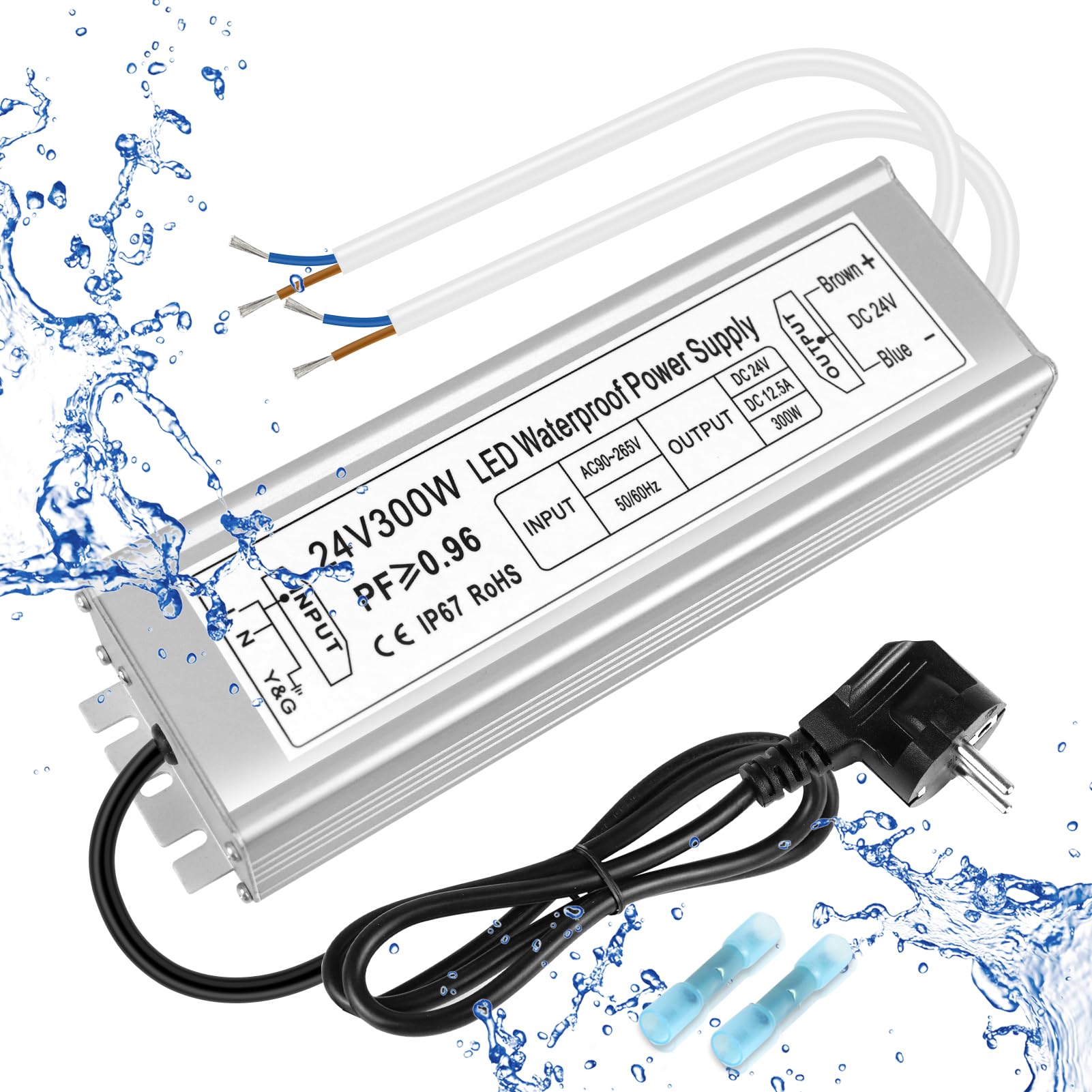 inShareplus Trasformatore LED 24 V 12,5 A 300 W IP67 impermeabile driver per esterni, AC 90-265 V a DC 24 Volt a bassa tensione, alimentatore da 24 V per luce LED, progetto computer, uso esterno
