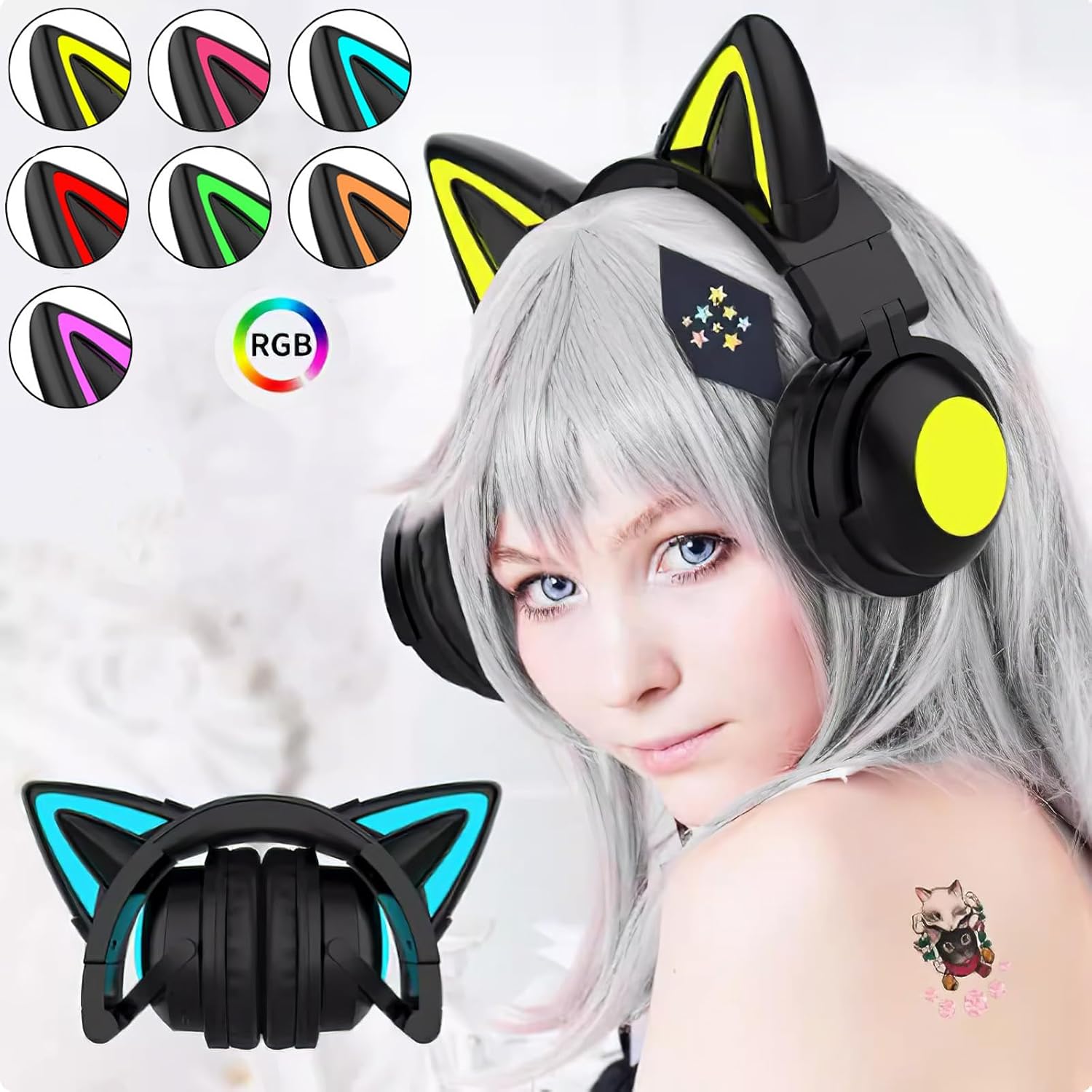 Cute Cat Ear Bluetooth Headphones with Built-in Mic, Over Ear Wired Headphones with LED Lights, Foldable Wireless Headset with Cat Ear for Traveling, Gift for Boys Girls Teens Adult (Black)
