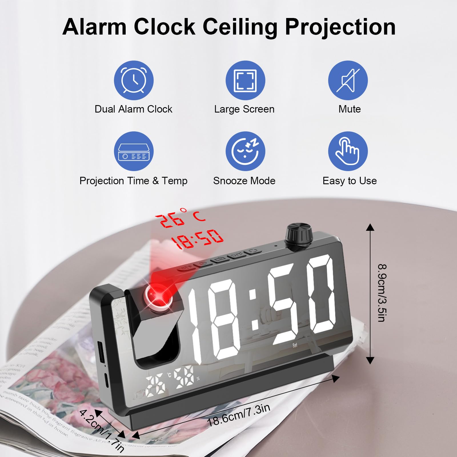 GuDoQi Projection Alarm Clock for Bedroom, Digital Clock with 180° Projector, 7