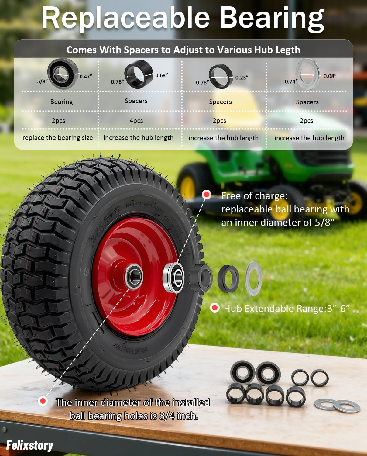 13x5.00-6 Lawn Mower Tubeless Tire, UP TO 40% RUBBER, 13x5-6 Vacuum Tire with Rim, Tubeless Lawn Tractor Wheel, 3"-6" Offset Hub and 3/4" or 5/8" Bushings, Wear-resistant, Anti-punture