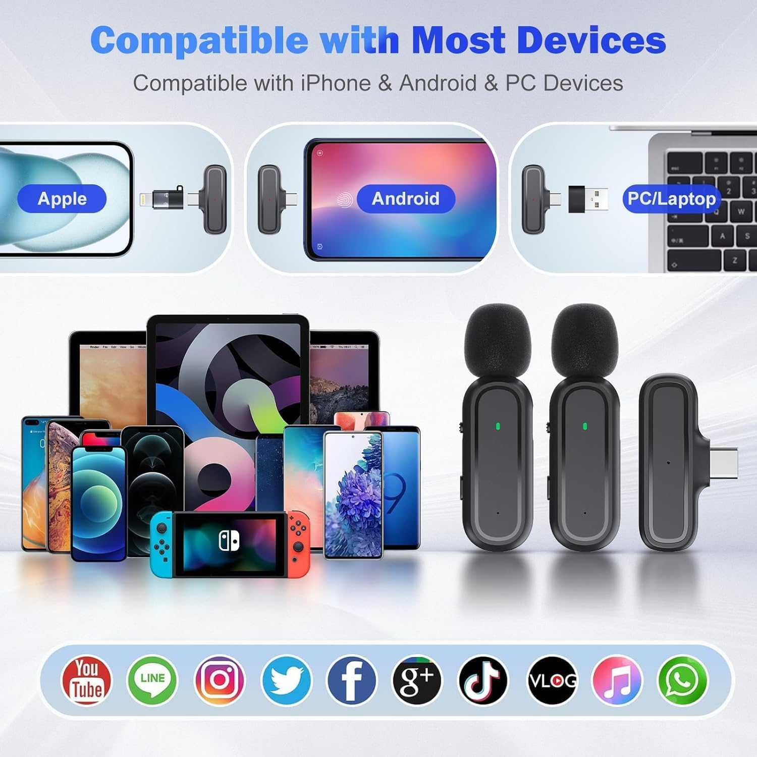 Microfono Wireless per iPhone/Android/iPad - Microfono Lavalier con Custodia di Ricarica 42H, Riduzione Rumore, 65FT Portata - Mini Microfono per Video Social, YouTube, TikTok, Vlog, Live