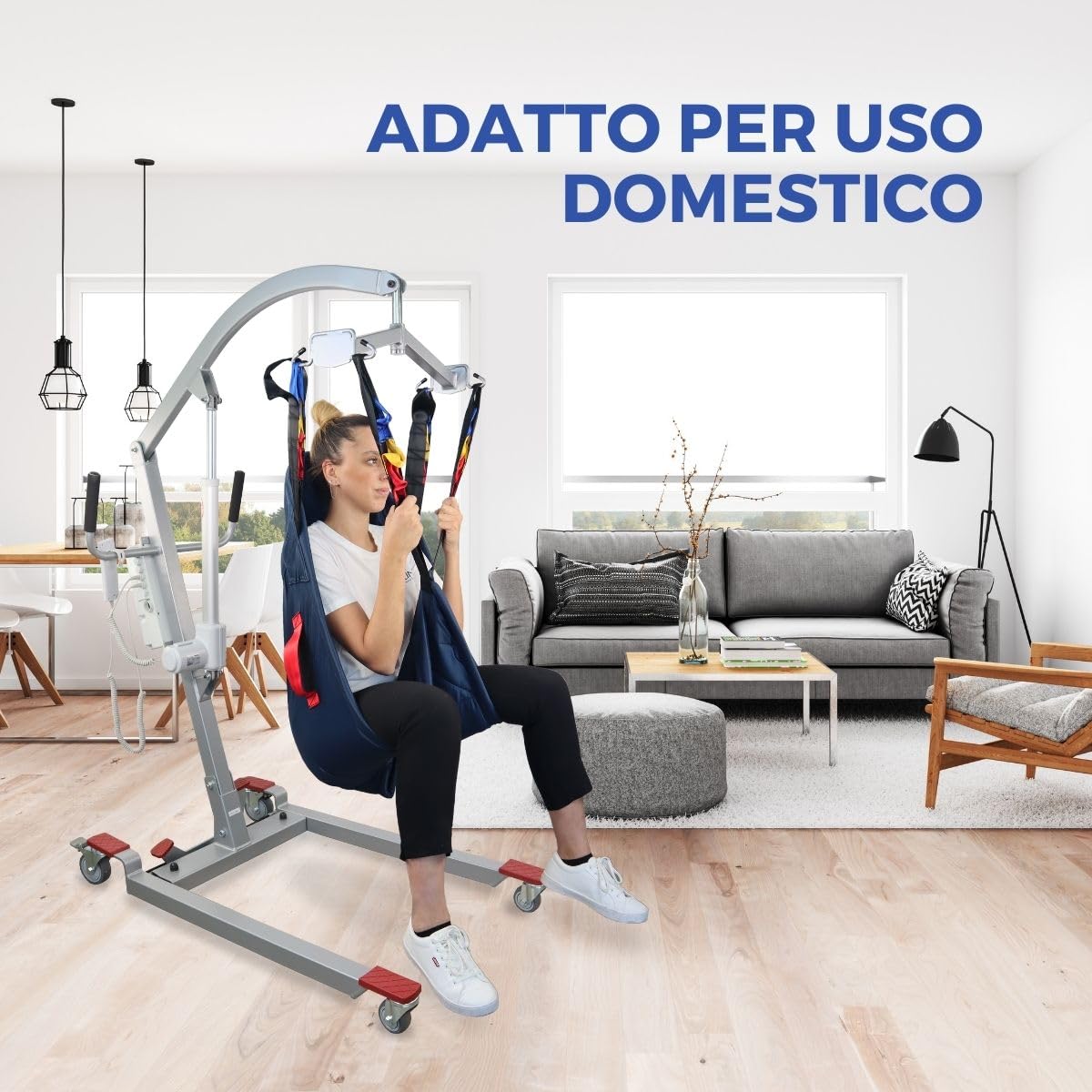 Mobiclinic®, Sollevatore per anziani, Elettrico, Fortuna basic, Imbracatura di trasferimento inclusa, Sostiene fino a 180 kg, Due batterie, Regolabile, Ruote sicurezza bloccate, Resistente
