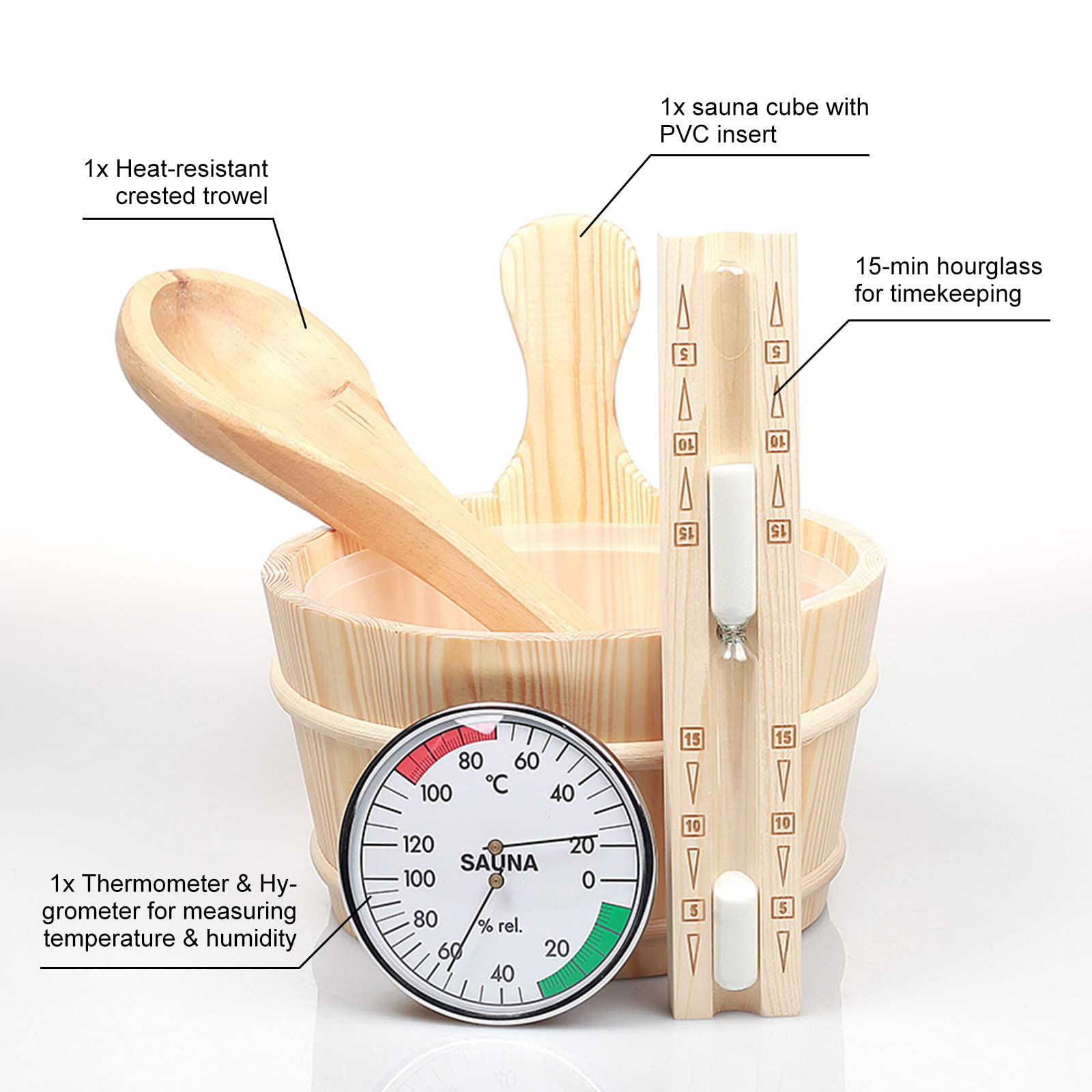 Saunazubehörset 5-Teilig Saunaeimer Set, Naturbelassenem Holz Saunakübel Saunakelle, Sauna Eimer Set, Temperaturmessgerät | Sanduhr (A)