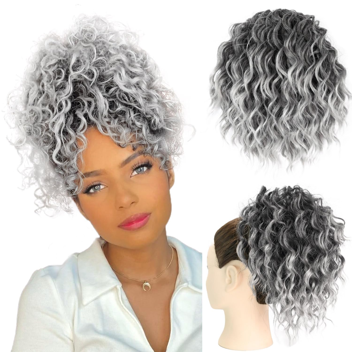 Adancyler Wavy Curly Ponytail Extension Drawstring Ponytail for Black Women Synthetic Hairpieces Pony Tails Hair Extensions for Women - Black Mix Gray