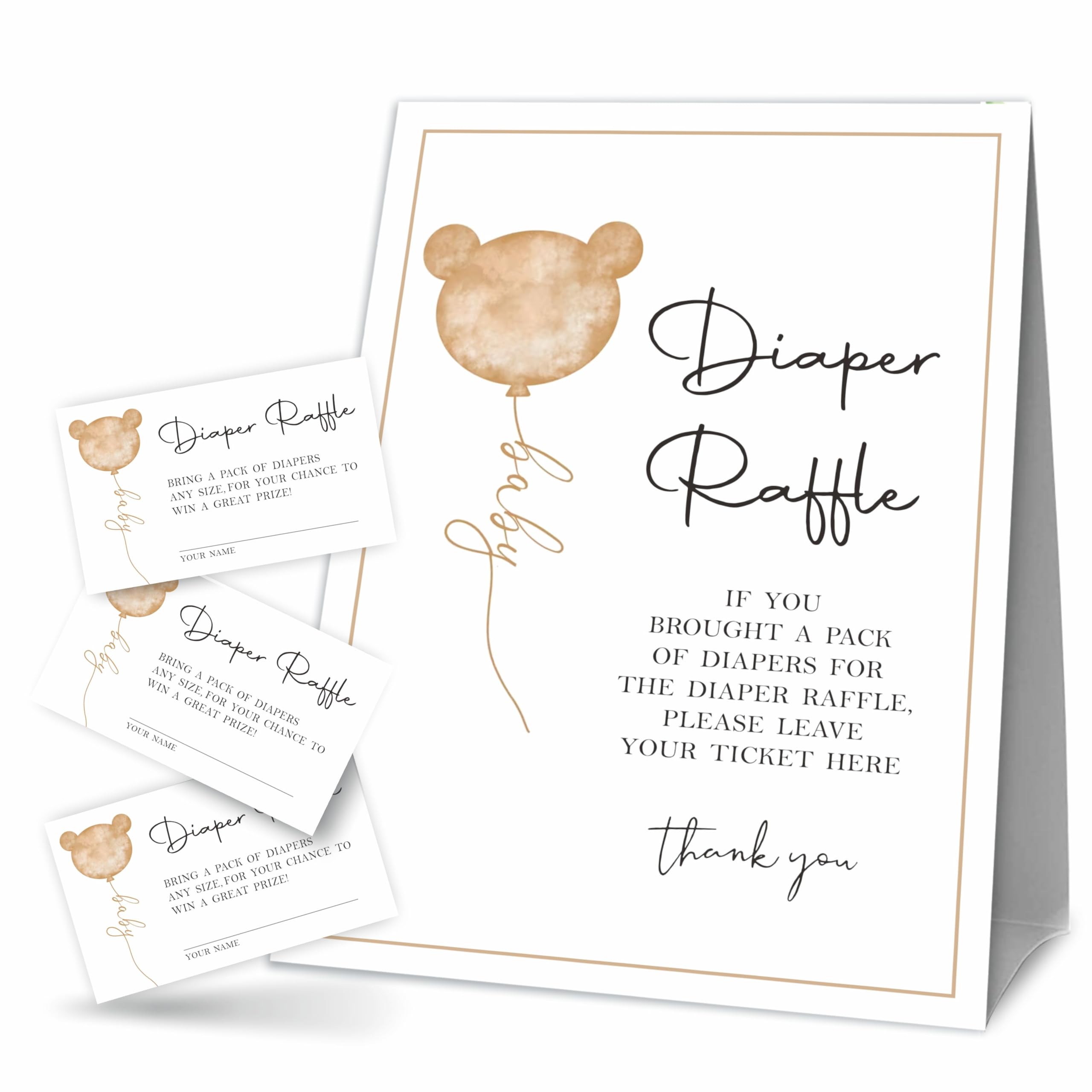 Bear & Balloon Baby Shower Games, 1 Diaper Raffle Standing Sign & 50 Tickets, Gender Reveal, Baby Announcement, Party Decoration & Supplies-A07
