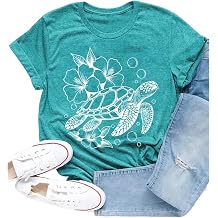 Sea Turtle Shirt for Women Honu Ocean Life T-Shirts Hawaiian Hibiscus Vacation Summer Tee Tops