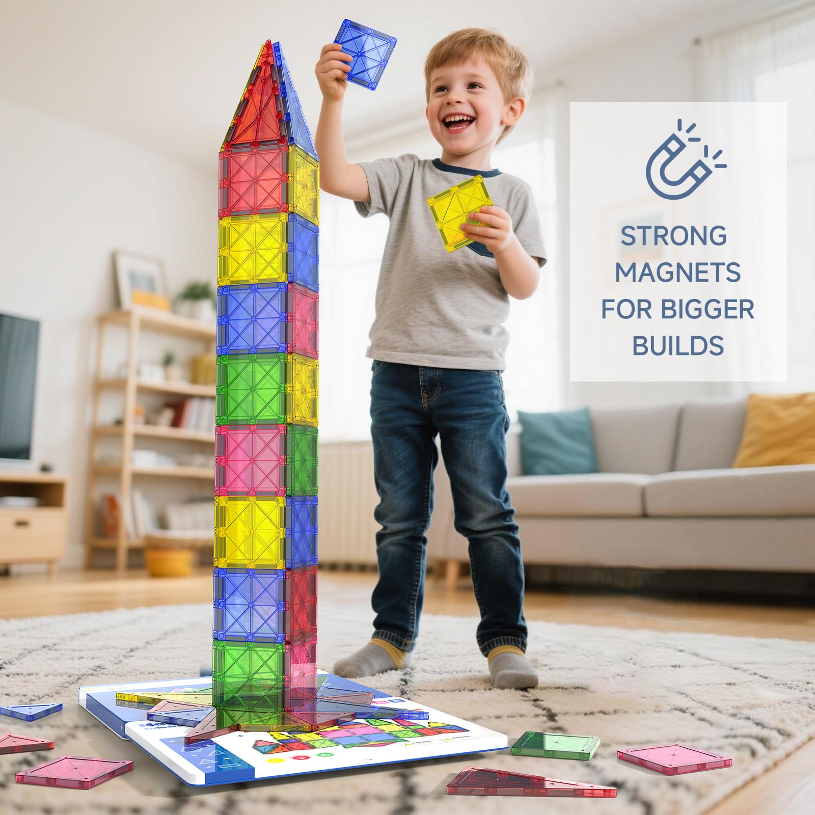iburge 32 Piece Jumbo Magnetic Tiles with Metal Case, 7.5cm Large Magnet Building Blocks Toys for Kids 3-12 Year Olds - Image 3