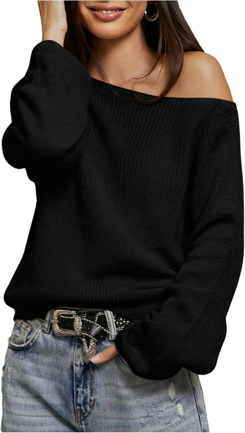 Verdusa Women's Off The Shoulder Sweaters Ribbed Knit Pullover Tops Fall Clothes