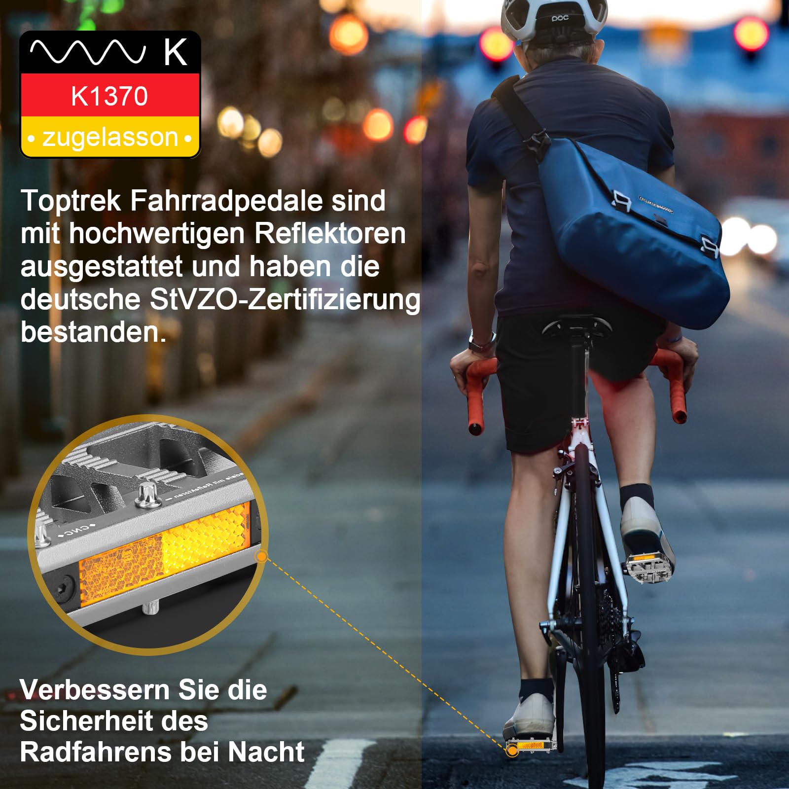 toptrek Pédales de vélo, avec réflecteurs homologués StVZO, en aluminium, CNC, antidérapantes, avec 3 roulements scellés, pour VTT, BMX, vélo électrique