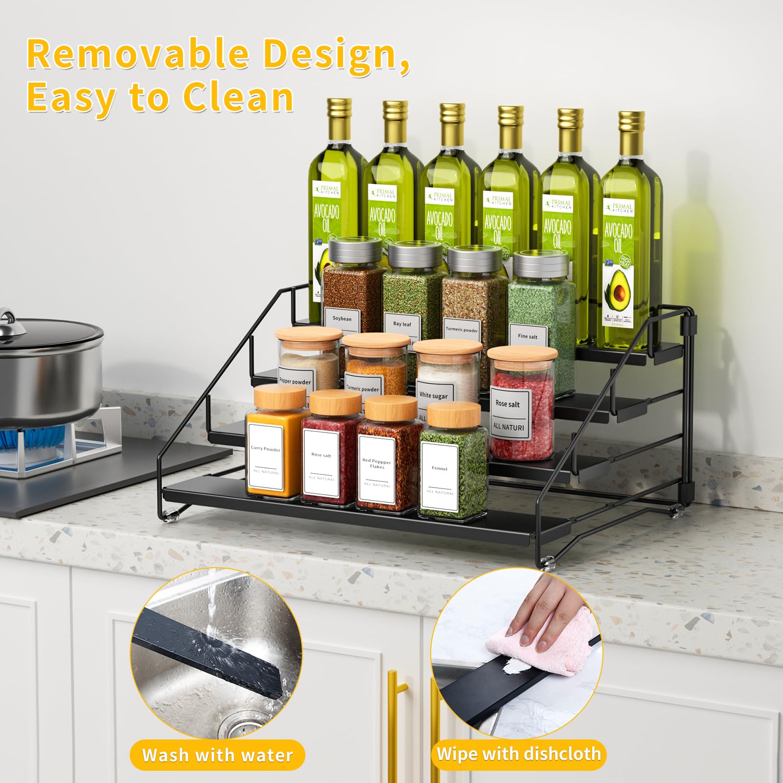 RCHYFEED Lot de 2 étagères à épices pour placard, garde-manger, étagère à épices à 4 niveaux, organisation facile à visibilité, étagère extensible pour assaisonnement pour armoire (noir, lot de 2)