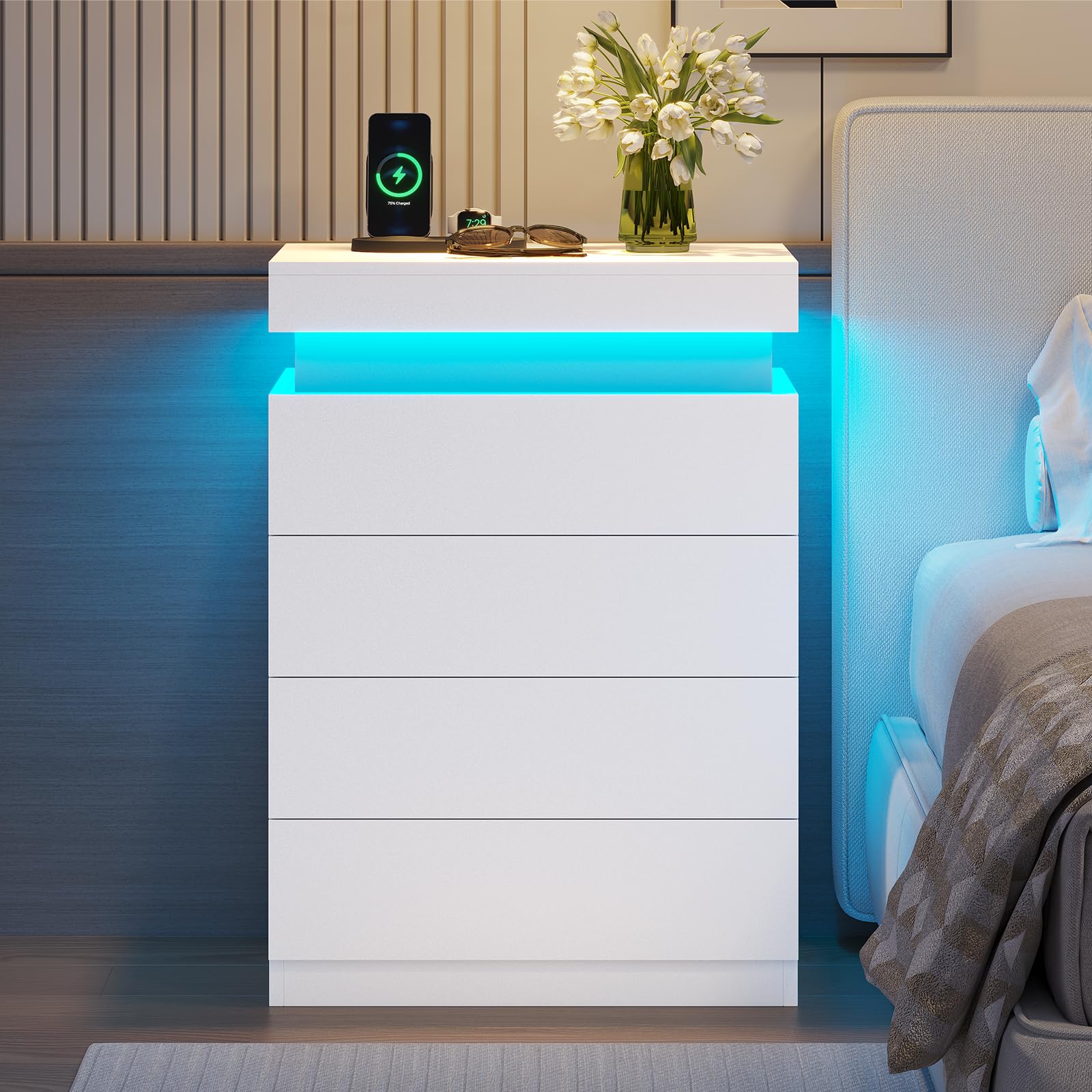 ADORNEVE White Night Stand with Drawers and LED Lights,Tall Nightstand with Sliding Top,Bedside Table with Charging Station,Modern End Side Table for