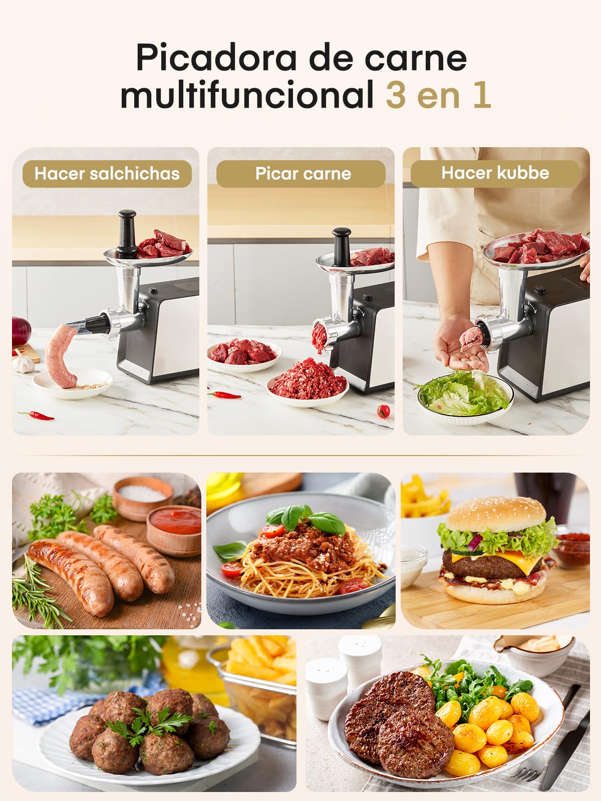 FOHERE Picadora de Carne Eléctrica 3200W Max con 3 Platos y 3 Tubos | Picadora de carne en acero inoxidable con 2 cuchillas y kit Kubbe para hogar y carne de venado