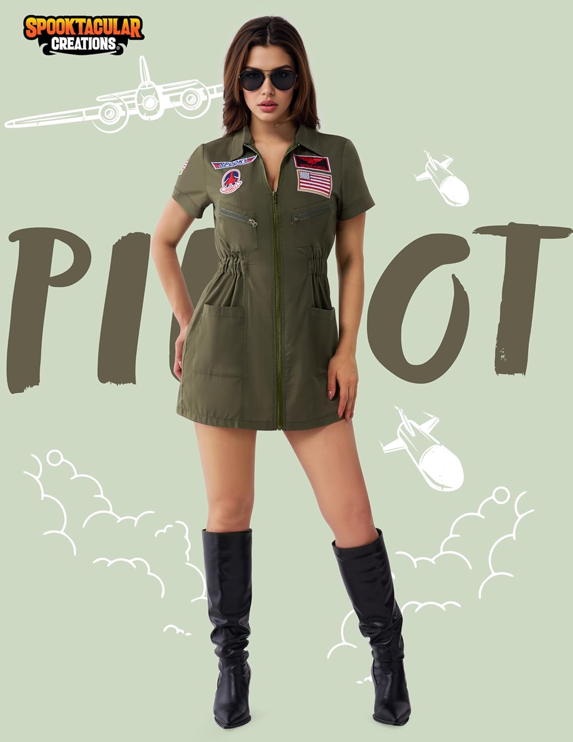 Spooktacular Creations Fighter Pilot Costume Women, Womens Halloween Costumes 2025, Green Pilot Suit Air Force Dress for Cos - Image 2