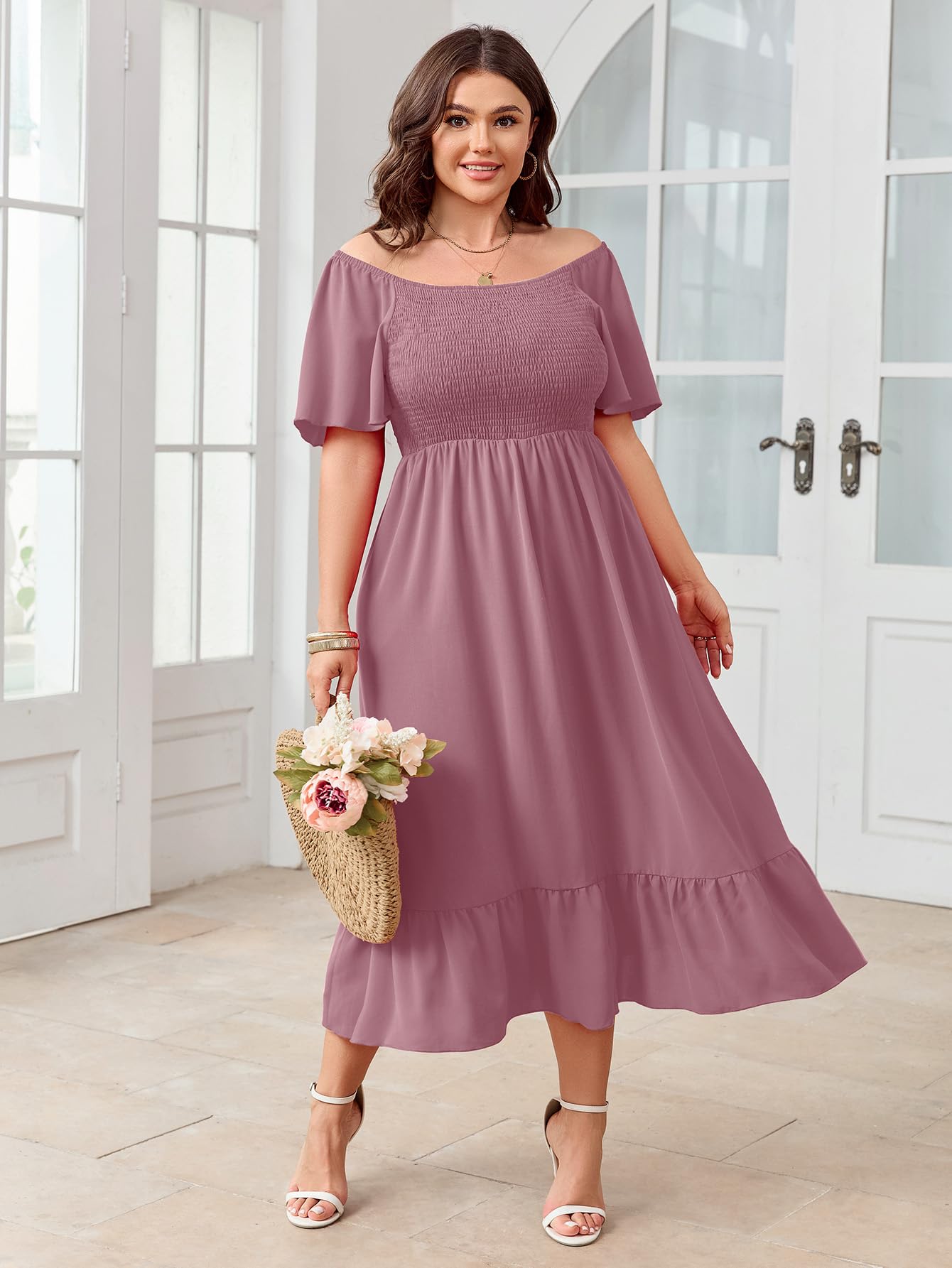 SCOMCHIC Damen Plus Size Sommerkleid Casual Kurzarm U-Ausschnitt Maxikleid Gesmokte Rüschen Boho Flowy Lange Kleider