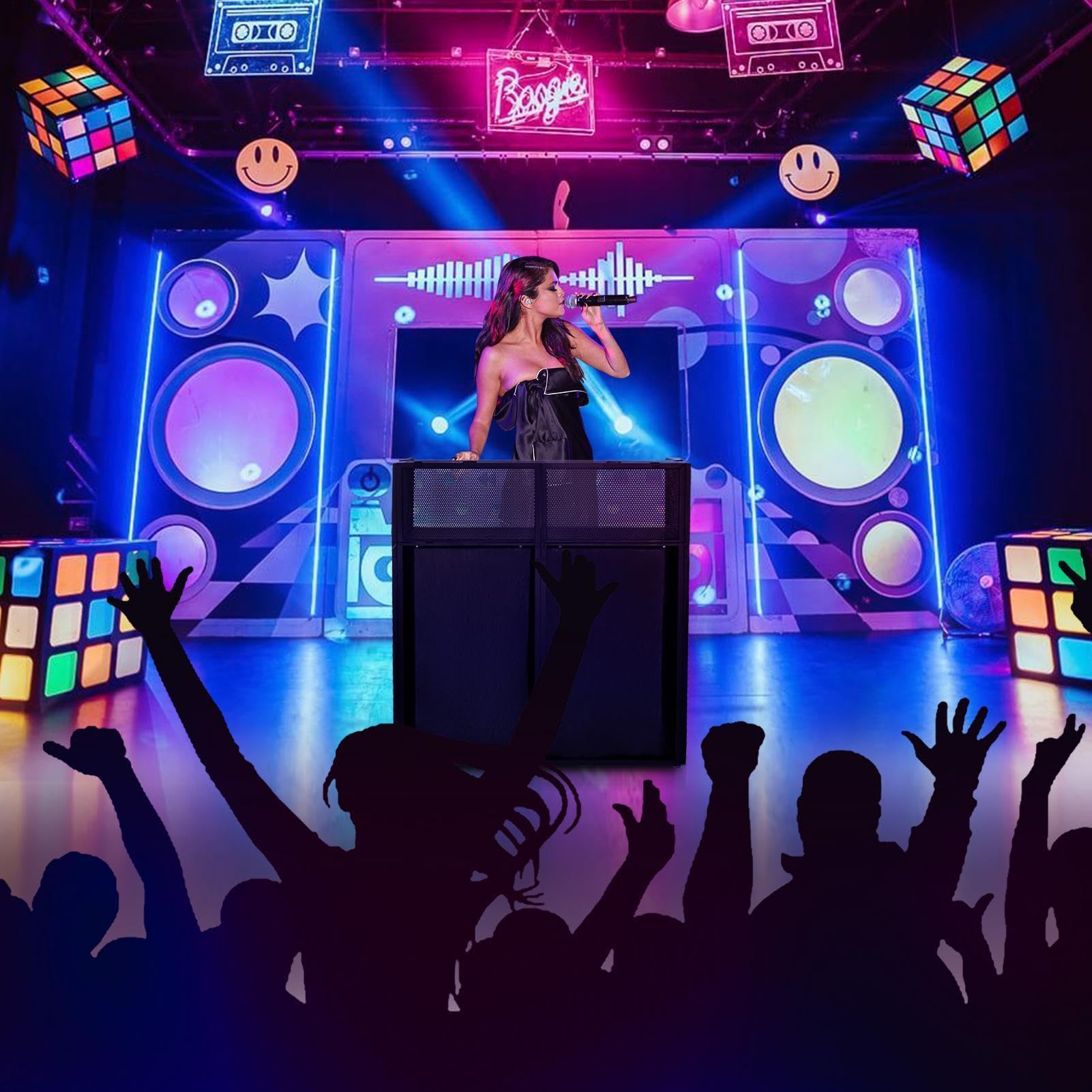 Klappbarer DJ Tisch Aus Metall, Mobile DJ Booth Mit 3 Kabelöffnungen, Schwarz/weiße Bespannung (je 4 Tücher), Höhenverstellbare Schraubfüße, Inkl. Tragetasche, Ideal Für Hochzeiten & Veranstaltungen