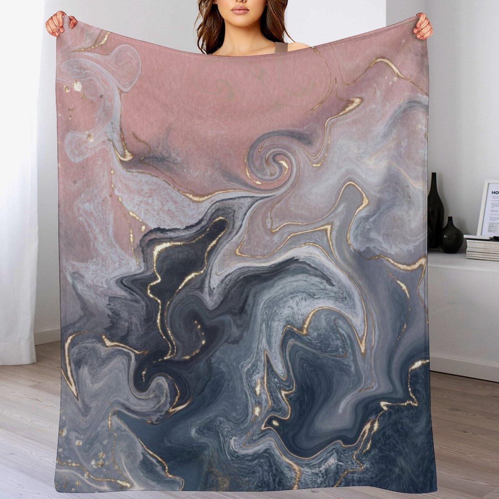 Manta de felpa, color rosa, negro, gris, mármol, suave, esponjosa, acogedora, manta de franela para todas las estaciones, para sofá cama, 60 x 80 pulgadas