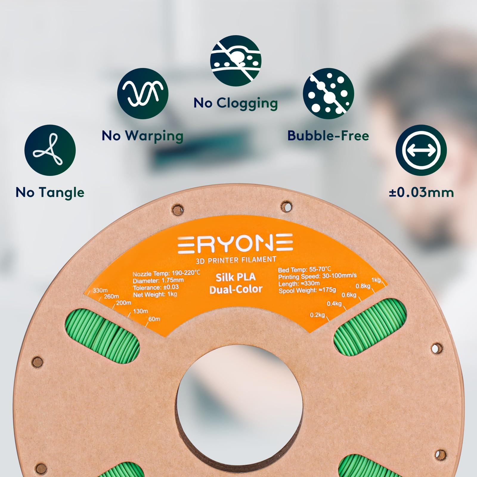 ERYONE Filamento PLA bicolore doppio 1,75 mm, filamento stampante 3D bobina da 1 kg +/- 0,02 mm, giallo seta e verde