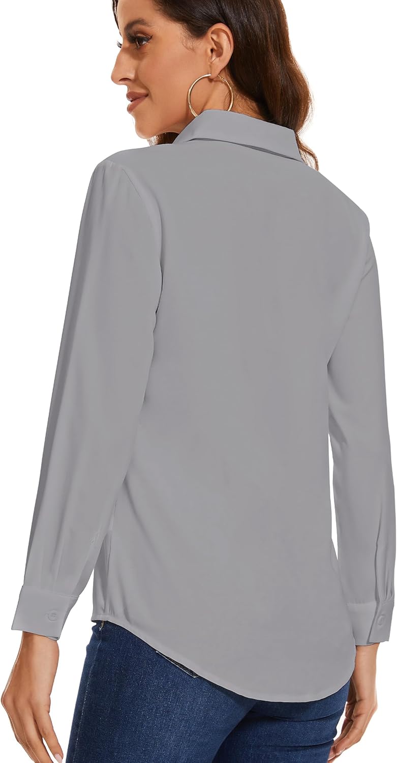 YAMANMAN Womens Button Down Shirts Long Sleeve Casual Chiffon Blouses Loose Pleated Collared Work Office Tops - Image 5