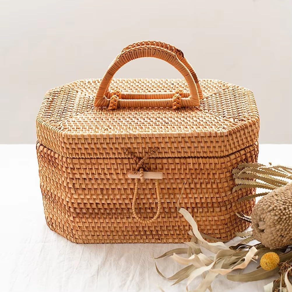 Basket Storage Rattan Woven Baskets with Lid Round Wicker Fruit Boxes Decorative Tray Lids Sundries Mini Snack Bread Organizer (1)