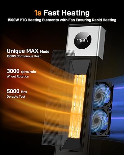 Miniatura 8 de Garvee Calentador de espacio de 31 pulgadas para habitaciones grandes, calentador de cerámica PTC de 1500 W con efecto de llama 3D, calienta 200