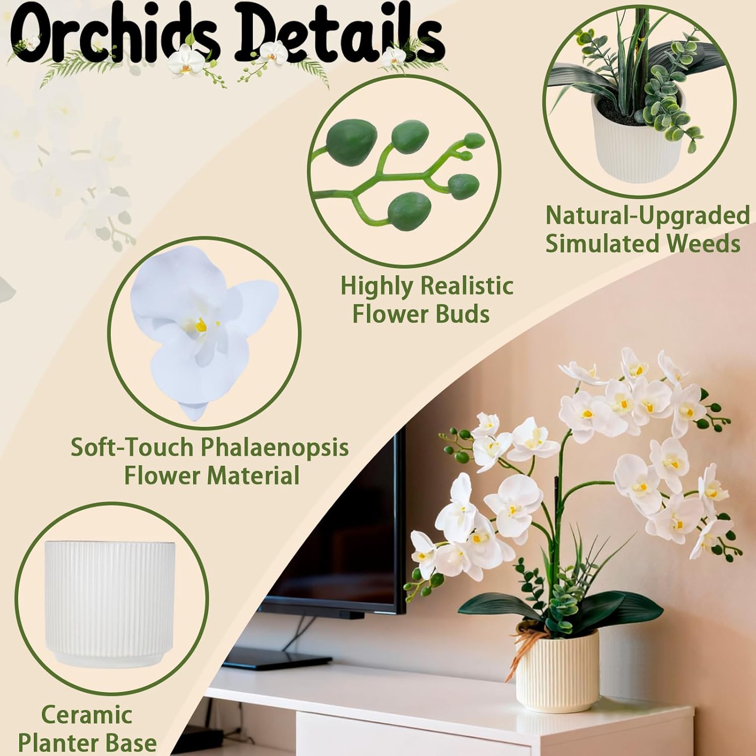 ucky Upgraded White Artificial Orchid Flowers with Ceramic Vase Fake Orchids Real Touch Flowers for Home Decor Bathroom Decoration Table Centerpieces (White) - Image 2