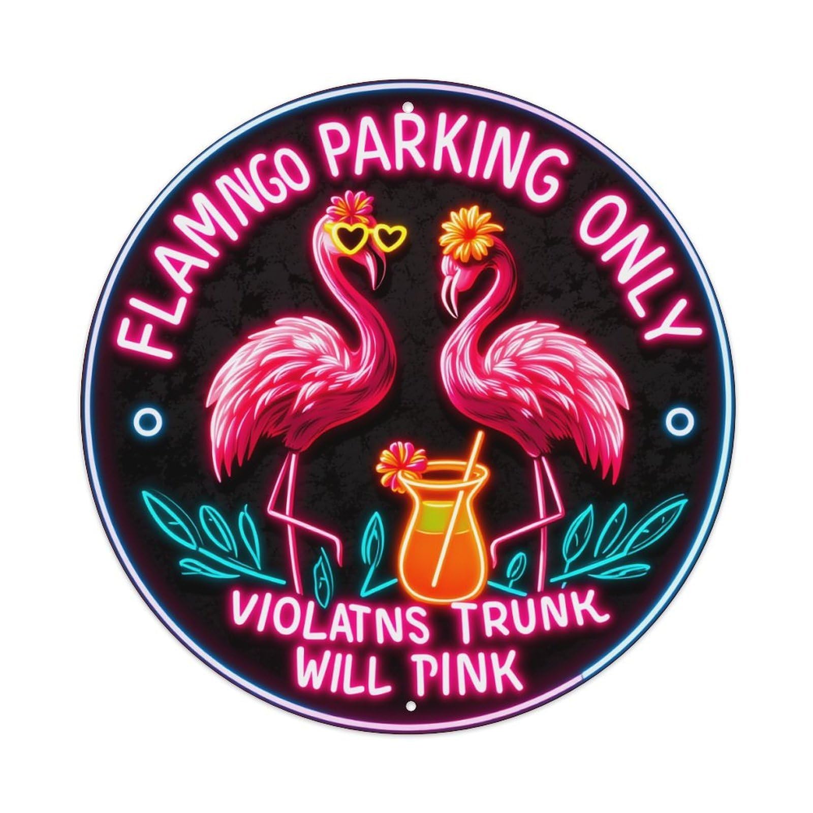 Flamingo Parking Only Violations Trunk Will Pink Round Tin Sign Vintage Metal Poster, Home Bar Garage Man Cave Cafe Indoor & Outdoor Wall Decoration 8x8Inches