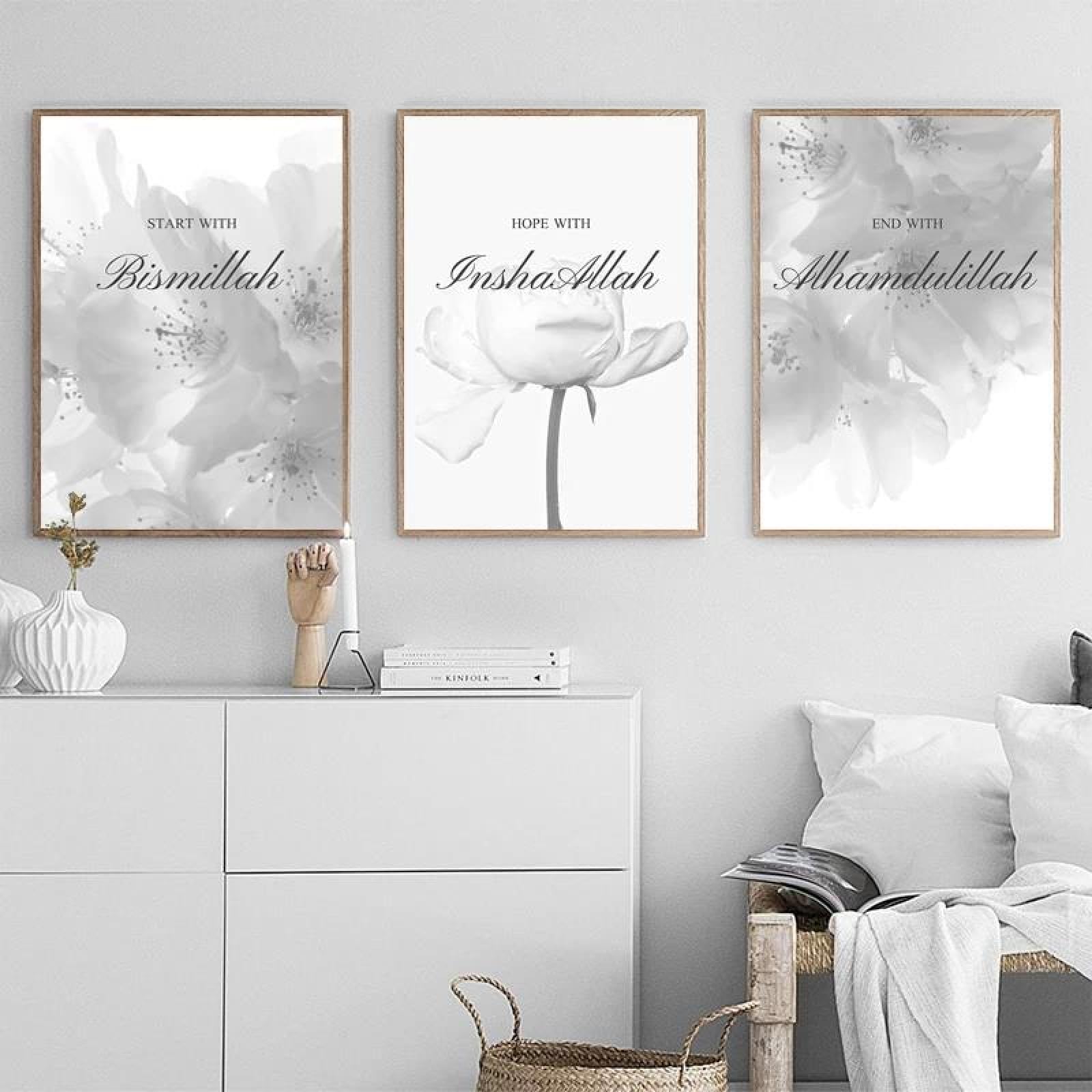 Baibexing Islamic Floral Calligraphy Muslim Gray Flower Canvas Painting Poster Print Wall Art Pictures Living Room Decor 21X30Cmx3Pcs Unframed