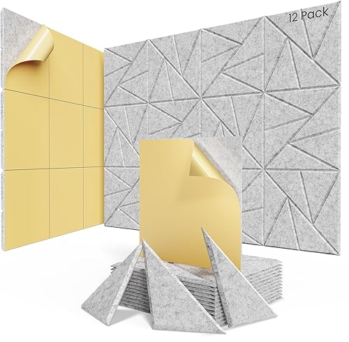 Paquete de 12 paneles acústicos con autoadhesivos, paneles de espuma a prueba de sonido de 12 x 12 x 0.4 pulgadas, paneles de sonido de alta