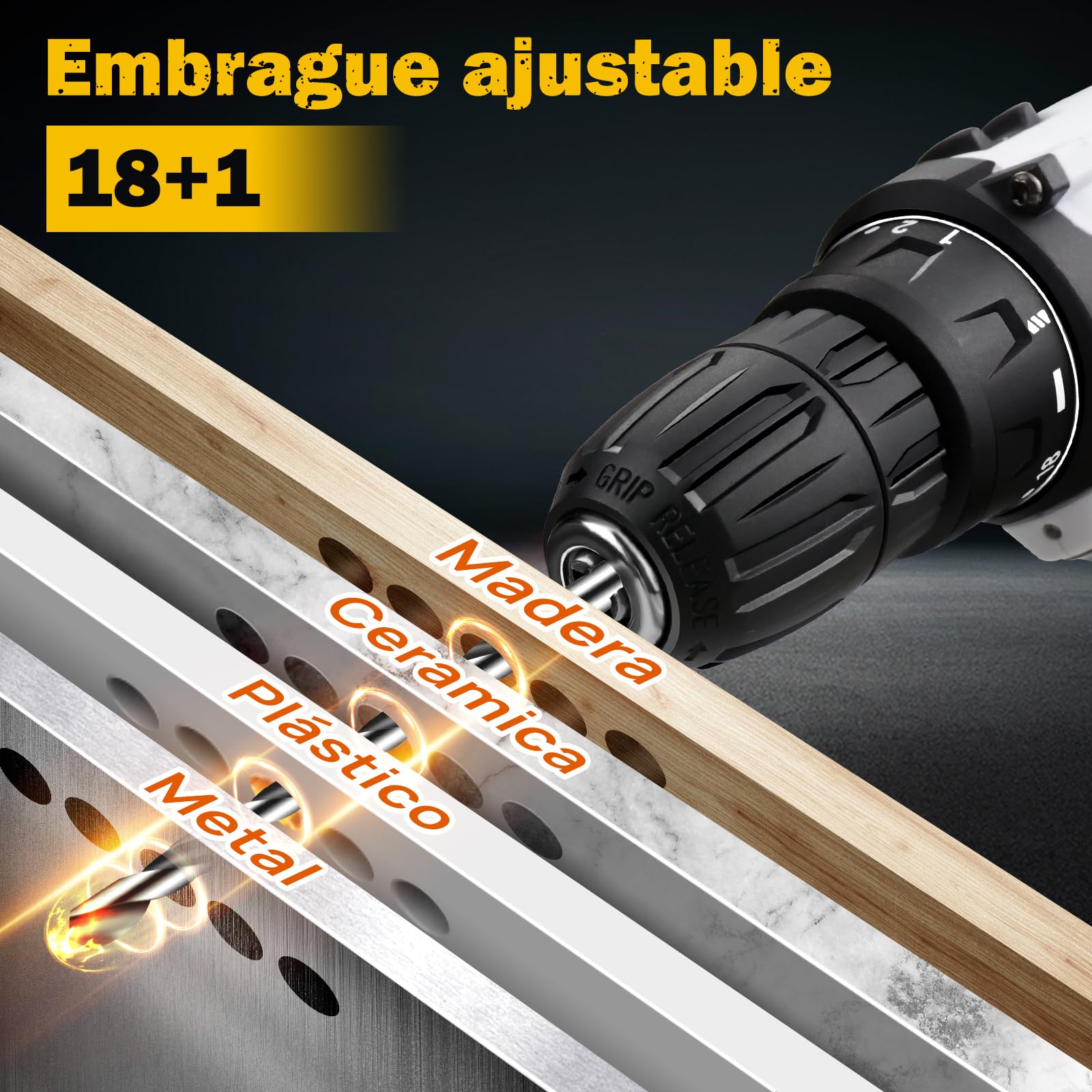 Taladro Inalámbrico 16.8V,Torque Máximo 45 Nm,18+1 Ajustes de Torque,Portabrocas sin Llave 3/8"y Luz LED,Taladro Inalámbrico para Reparaciones en el Hogar y Proyectos de Bricolaje