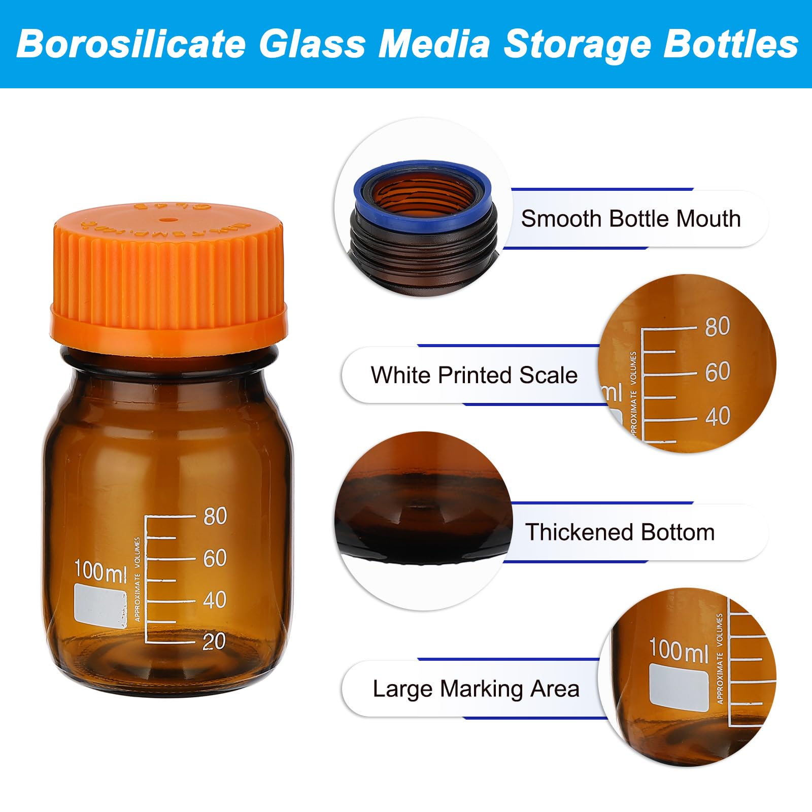 PATIKIL Confezione da 10 bottiglie rotonde per reagenti, in vetro borosilicato da 100 ml, graduate, con tappo a vite GL32 arancione, per liquidi reagenti d'acqua di laboratorio, ambra