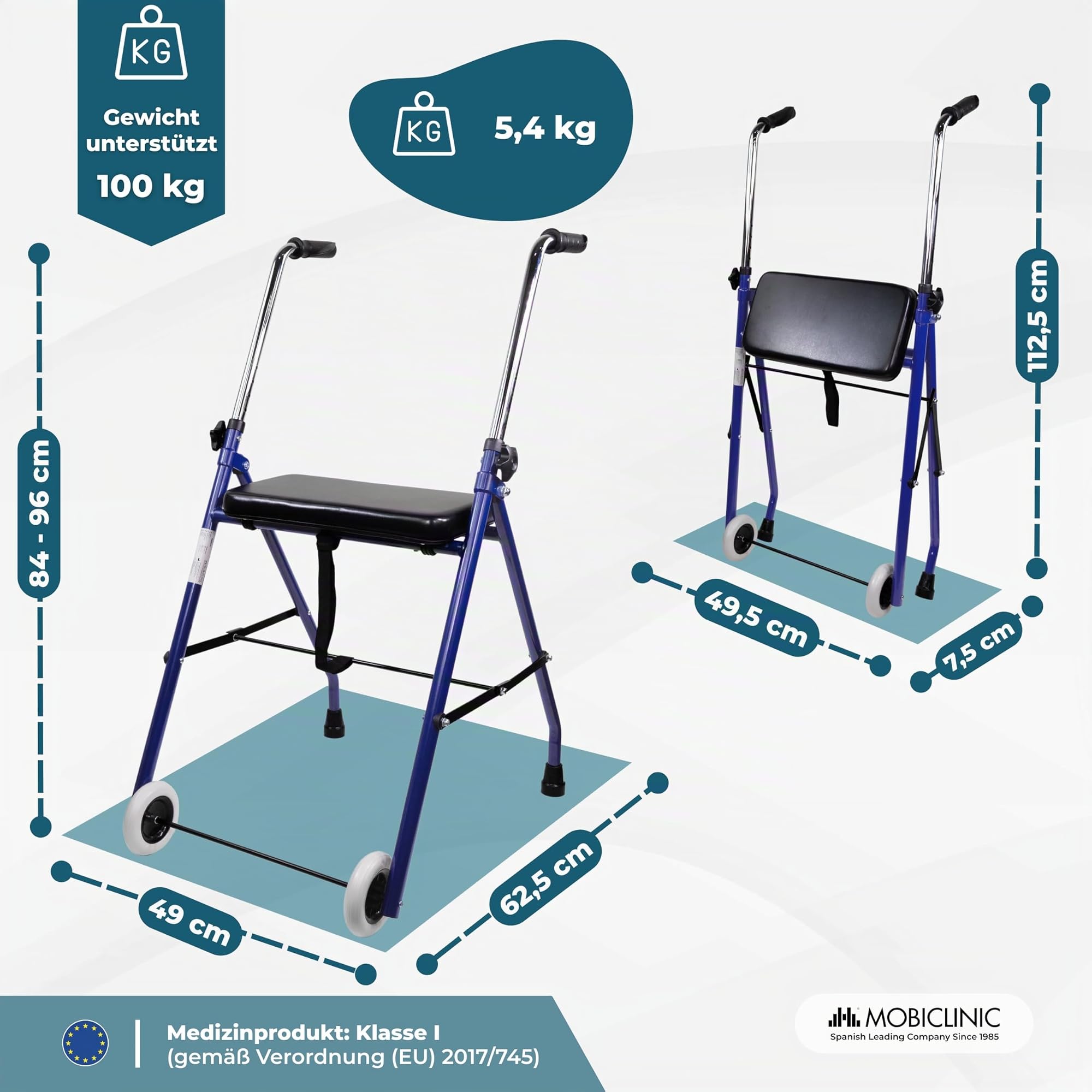 Mobiclinic®, Gehbock mit Rollen Klappbar, Höhenverstellbar, Faltbar und Leicht, Emérita, Gepolstertem Sitz, 2 Räder, Stabil, Max. 100 Kg, Ergonomische Griffe, Stahl, Blau