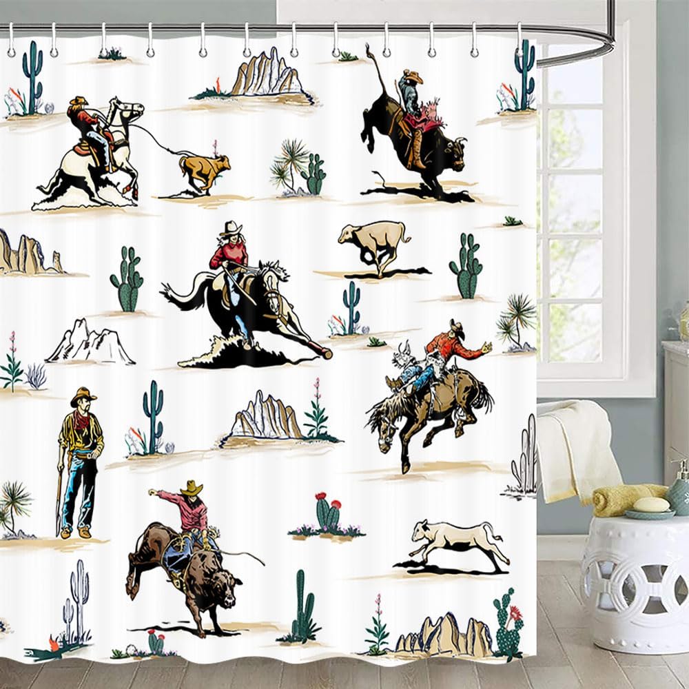 JAWO Western Shower Curtain, Farmhouse Country American West Western Shower Curatain, Wild West Cowboy Horse Bathroom Accessories Set with Hooks, 72X78inch, White