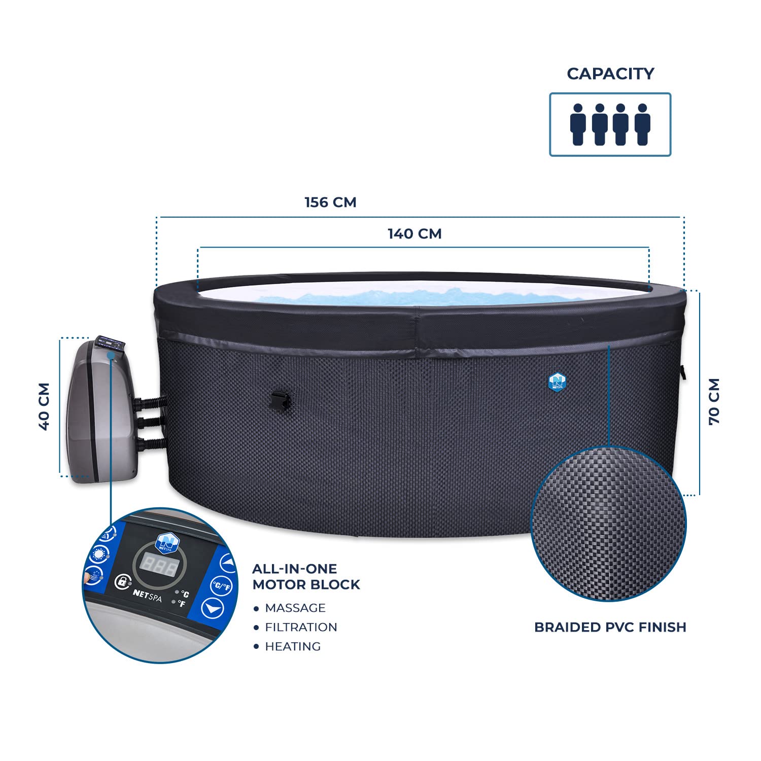NETSPA - SP-VIP140/MOB2 - NetSpa Vita - Spa Semi Rigide + Mobilier (5 éléments) - Spa Portable - Rond - 4 Places