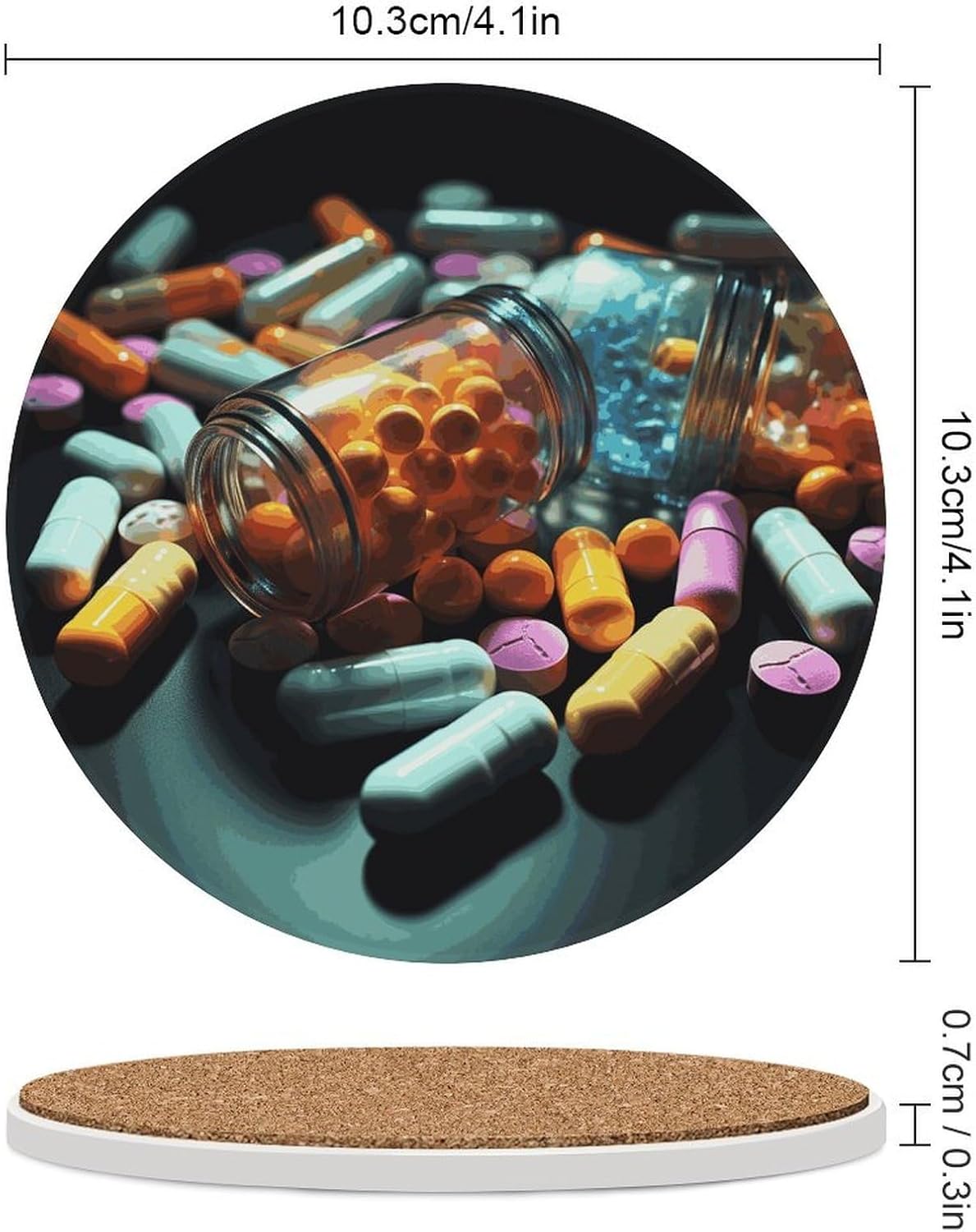Medicine Pills Coasters Round Coasters Set Ceramic Stone Coaster with Cork Base Coffee Cup Beverage Cup Mat Cute Funny Table Drinks Coaster for Mugs and Cups Office Kitchen