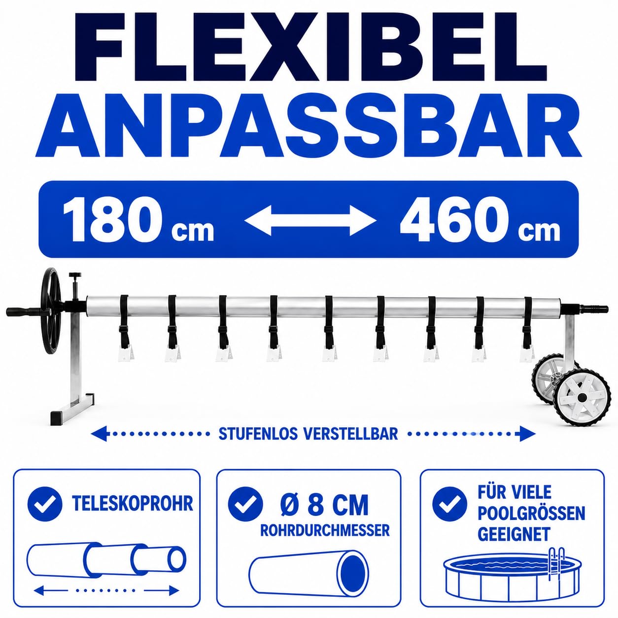 poolomio® Pool Aufroller aus Aluminium | Mobile Auf- und Abrollvorrichtung für Poolabdeckungen & Solarplanen | 180–460 cm verstellbar | UV- & wetterbeständig | Tragkraft bis 60 kg | inkl. Befestigung