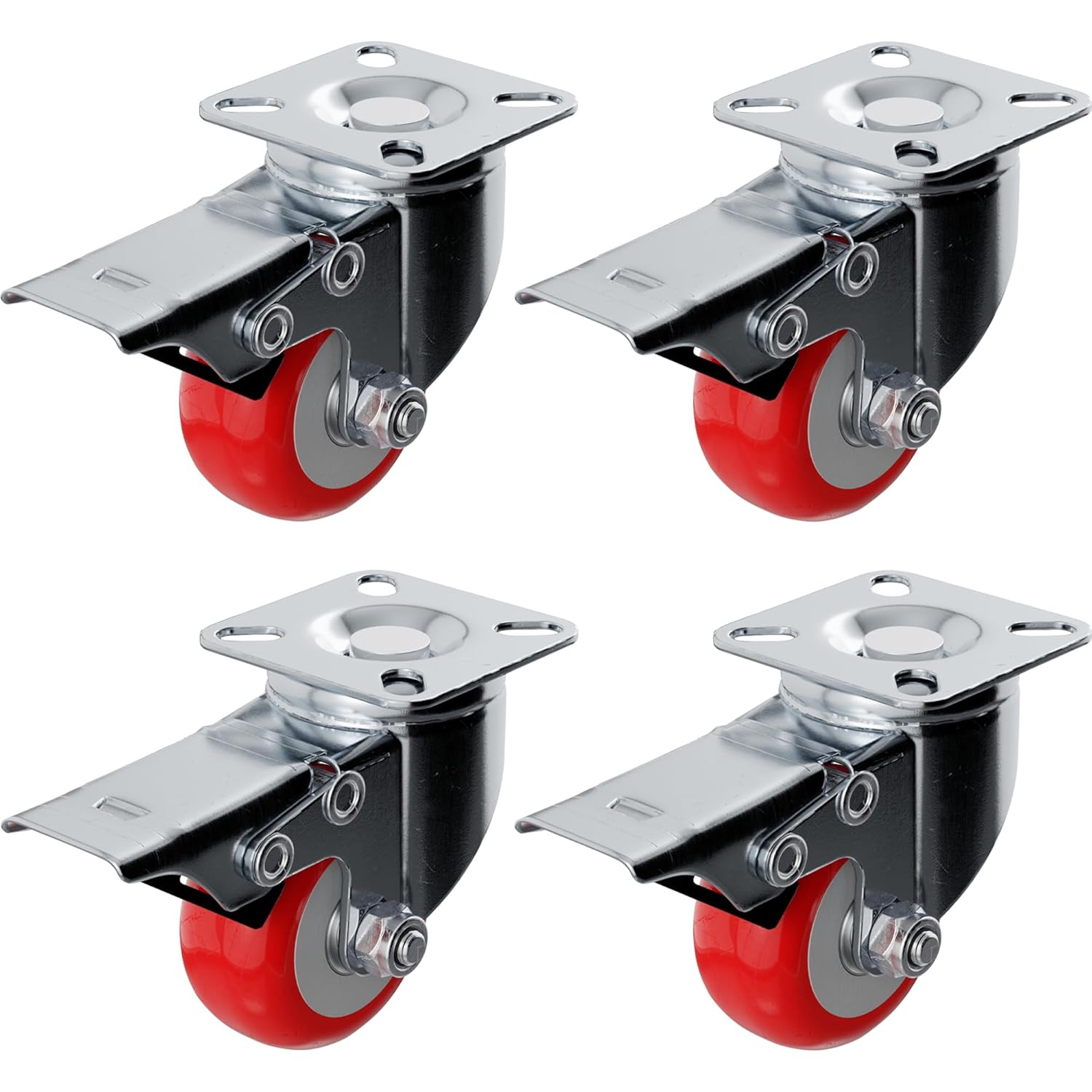 4 Pack Caster Wheels Swivel Plate On Red Polyurethane Wheels (5 inch No Brake)