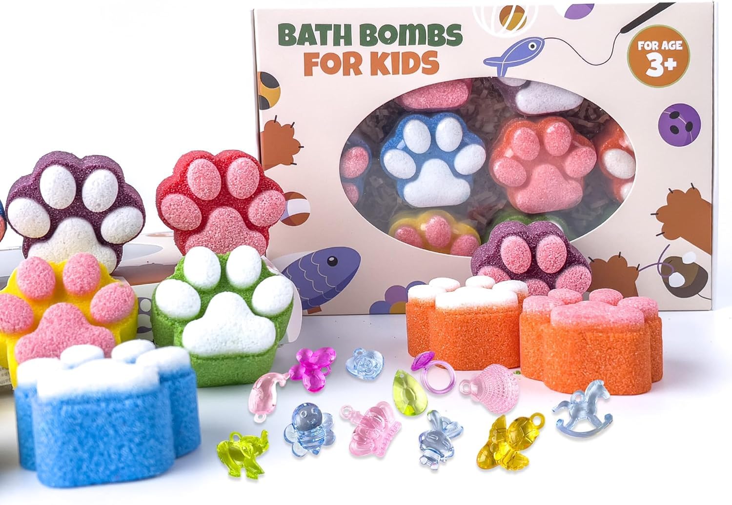 Bombe de bain patte pour enfants avec jouet surprise - 12 pièces artisanales aux cristaux étincelants - Kit cadeau SPA pour Noël et anniversaire (filles et garçons)