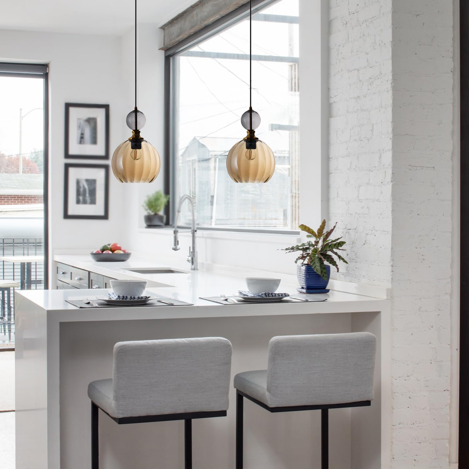 Lámpara Colgante De Vidrio Soplado a Mano Con Detalles Dorados, Lámpara De Techo E27 Regulable – Estilo Industrial Moderno Para Cocina, Comedor, Dormitorio (Ámbar)
