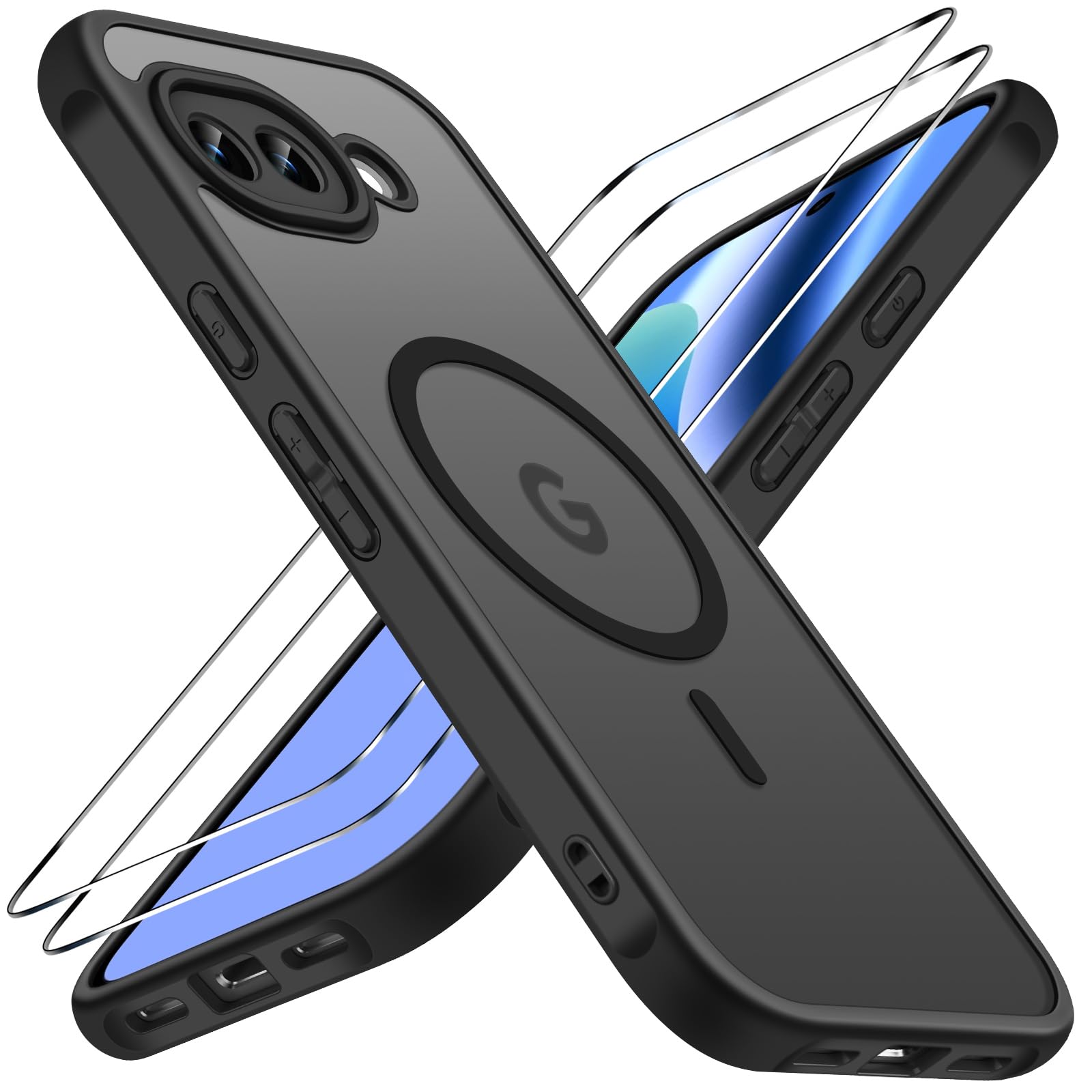 iVoler Cover Magnetica perGoogle Pixel 10a,Opaca Nero | Con 2 Pezzi Vetro Temperato,[Compatibile con MagSafe][Grado Militare]Antiurto Custodia Traslucida Sottile Anti-Impronte