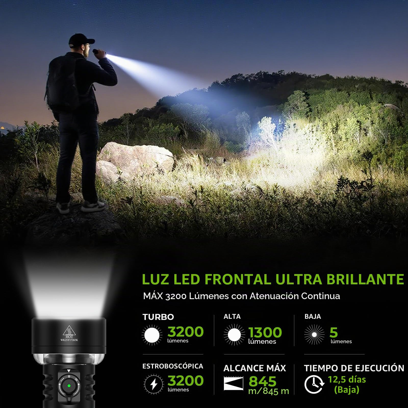 Wurkkos TS27 Linterna LED recargable con luz bidireccional, 3200 lúmenes | 845 metros linterna largo alcance, recargable USB Tipo-C, 3 modos de luz, impermeable IP68 para camping y emergencias