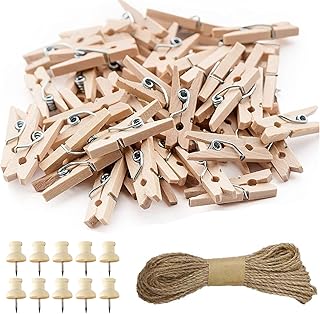 Mini Wooden Pegs, 100Pcs Natural Small Photo Pegs, Small Pegs for Hanging Photos, Wooden Pegs Craft with 10M Jute String for Holding Photo Paper, Photo Pegs for Craft and Arts