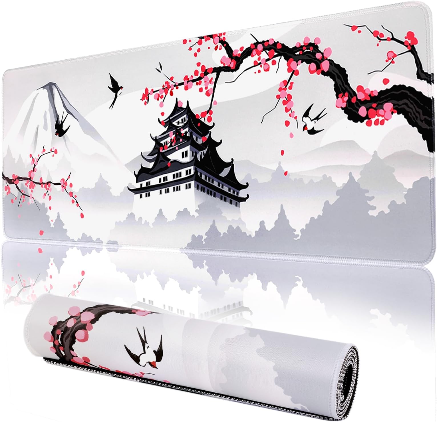 Japanese Cherry Blossom Gaming Mouse Pad 31.5x11.8in Pink Full Desk Japanese Sakura Gaming Mouse Pad Large Non-Slip Rubber Base Waterproof Big Keyboard Mat with Stitched Edges for Game Office
