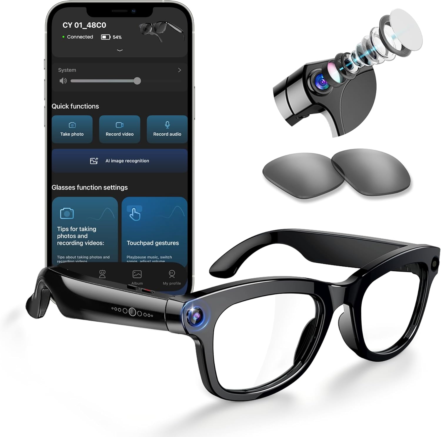 AI Smart Glasses with Camera and Bluetooth, 8MP 2K HD Camera Glasses, AI Voice Assistant, AI Photo Recognition & Translation, Open-Ear Audio for Travel, Meetings, Hands-Free Music Calls (S)