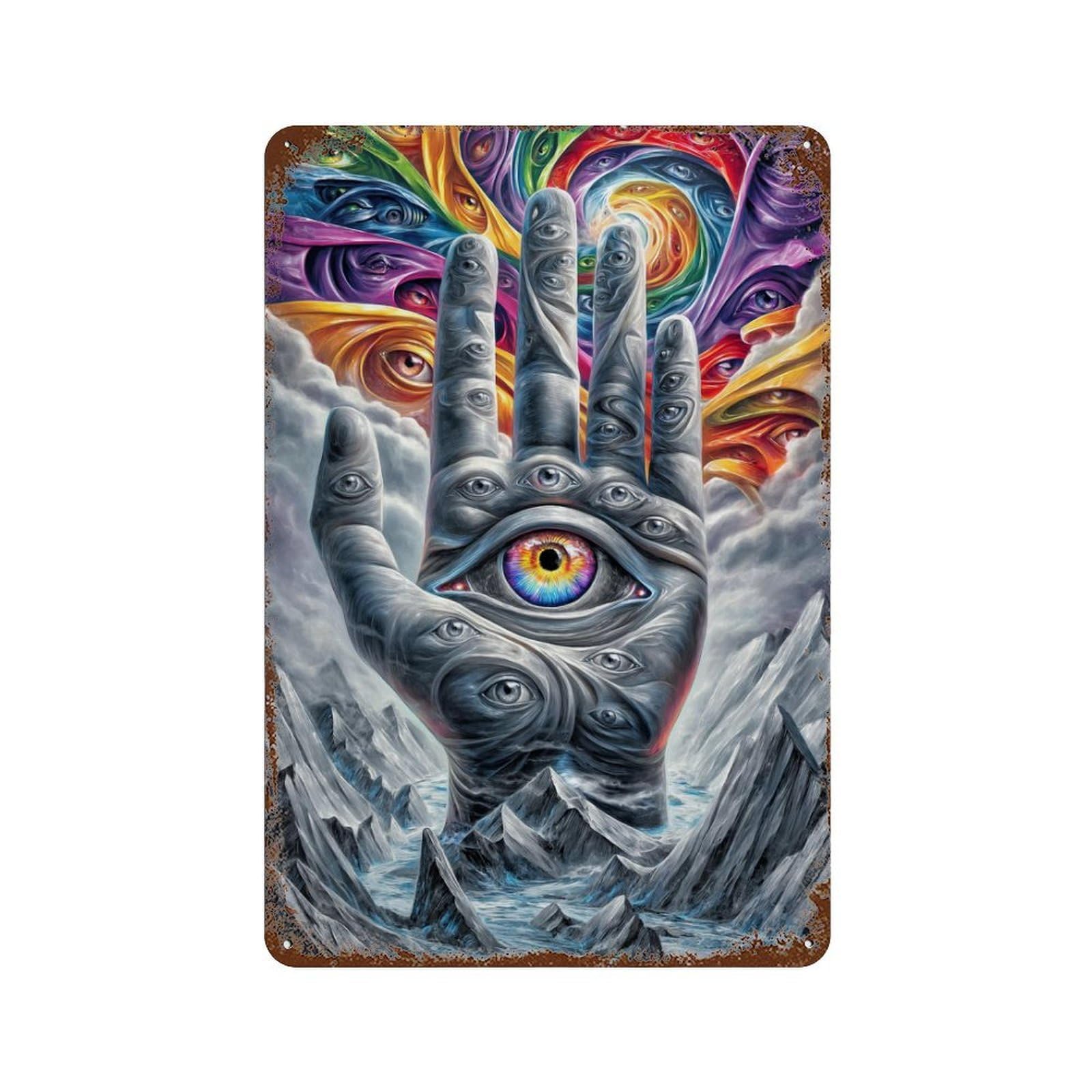 Rust Effect Psychedelic Hand with Eyes Rusty Metal Tin Sign 11.8"x7.9", Farmhouse Wall Decor for Cafe, Home Bar And Lounge Decor
