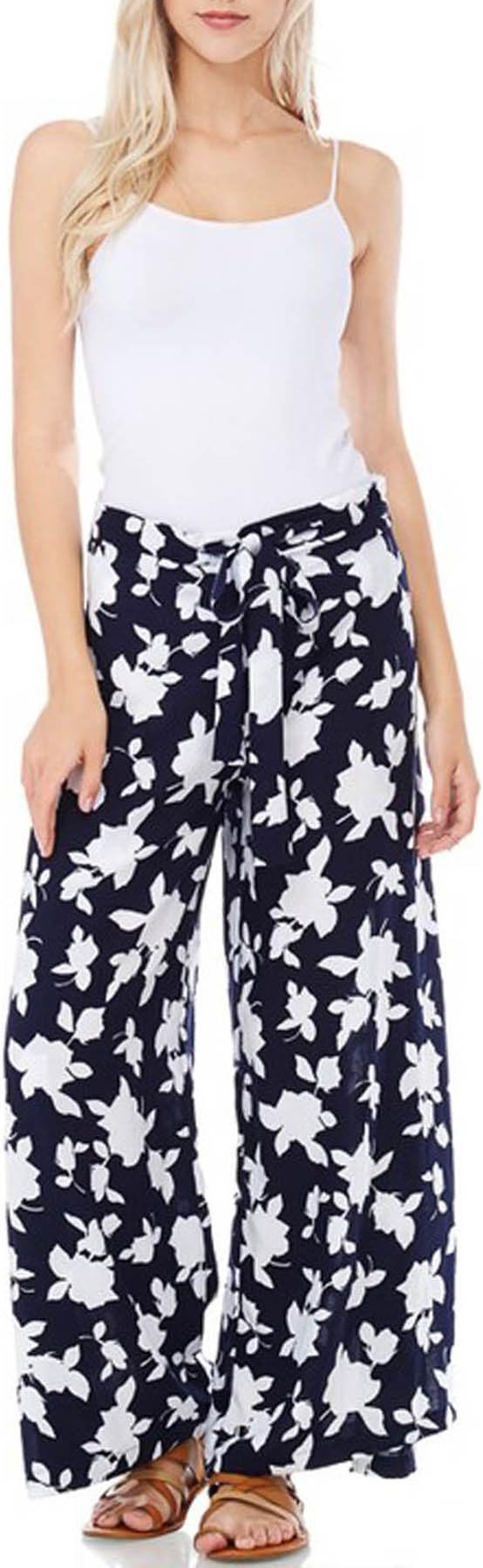 Charmful Sapphire Womens Front and Back Tie Wrap Palazzo Pants - Pedal Wrap Palazzo Pants, Navy Flowers, Medium
