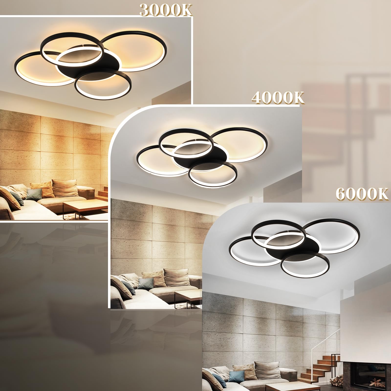 GBLY Deckenlampe LED Deckenleuchte Wohnzimmer: 67CM Wohnzimmerlampe Dimmbar | 70W mit Fernbedienung 5-Ringen Schwarz Schlafzimmerlampe Modern Acryl Deckenbeleuchtung für Büro Schlafzimmer Esszimmer