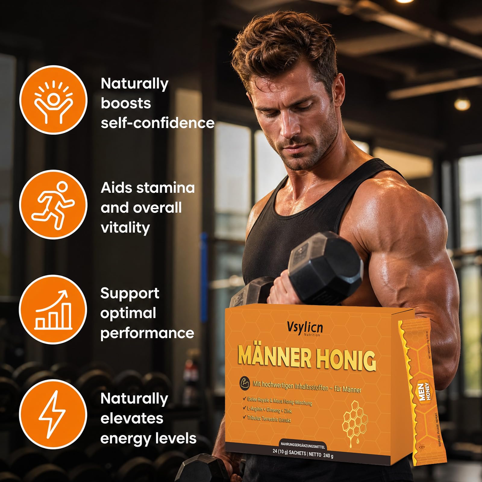Männer Honig Sachets |Premium Kräuterhonig für aktive Männer | Natürlicher Honig mit Maca,Gelee Royale, Ginseng,L-Arginin & Zink - 24 x 10g Einzelpackungen - 240g