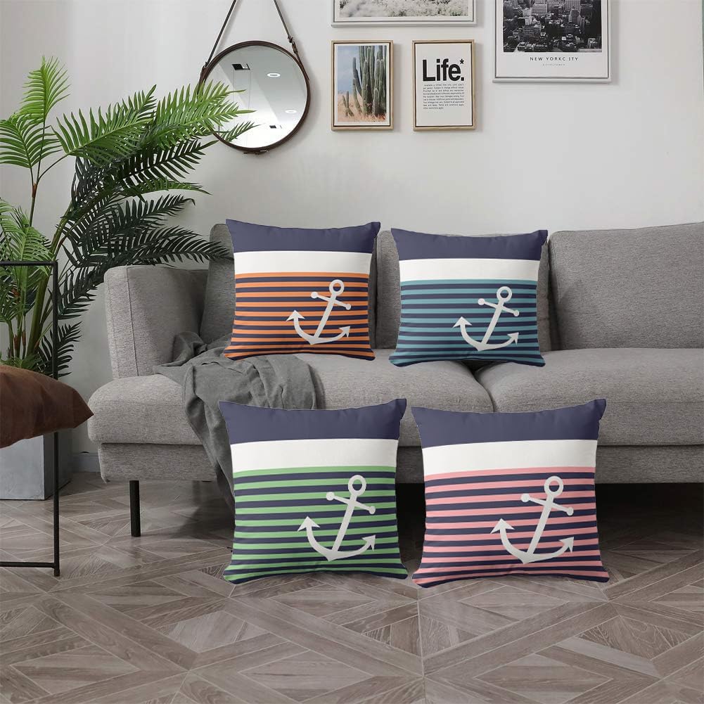 Nautical Anchor Throw Pillow Covers 20x20 Soft Striped Decorative Pillow Covers for Sofa, Couch, Living Room - Light Coral Pink